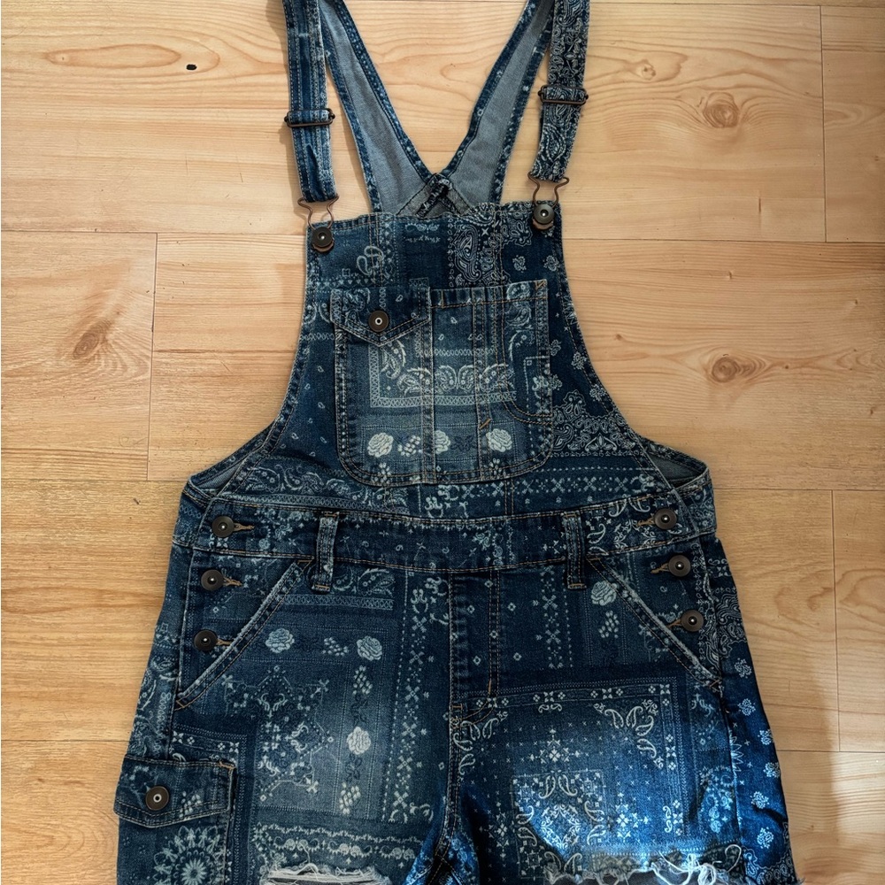 No Boundaries Blue Patterned Denim Overalls